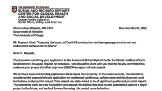 PROFESSOR FUMI OLOPADE AND FASUL WIN $10,000 GRANT FROM THE KIPHART CENTER FOR GLOBAL HEALTH AND SOCIAL DEVELOPMENT (KCCGHSD).